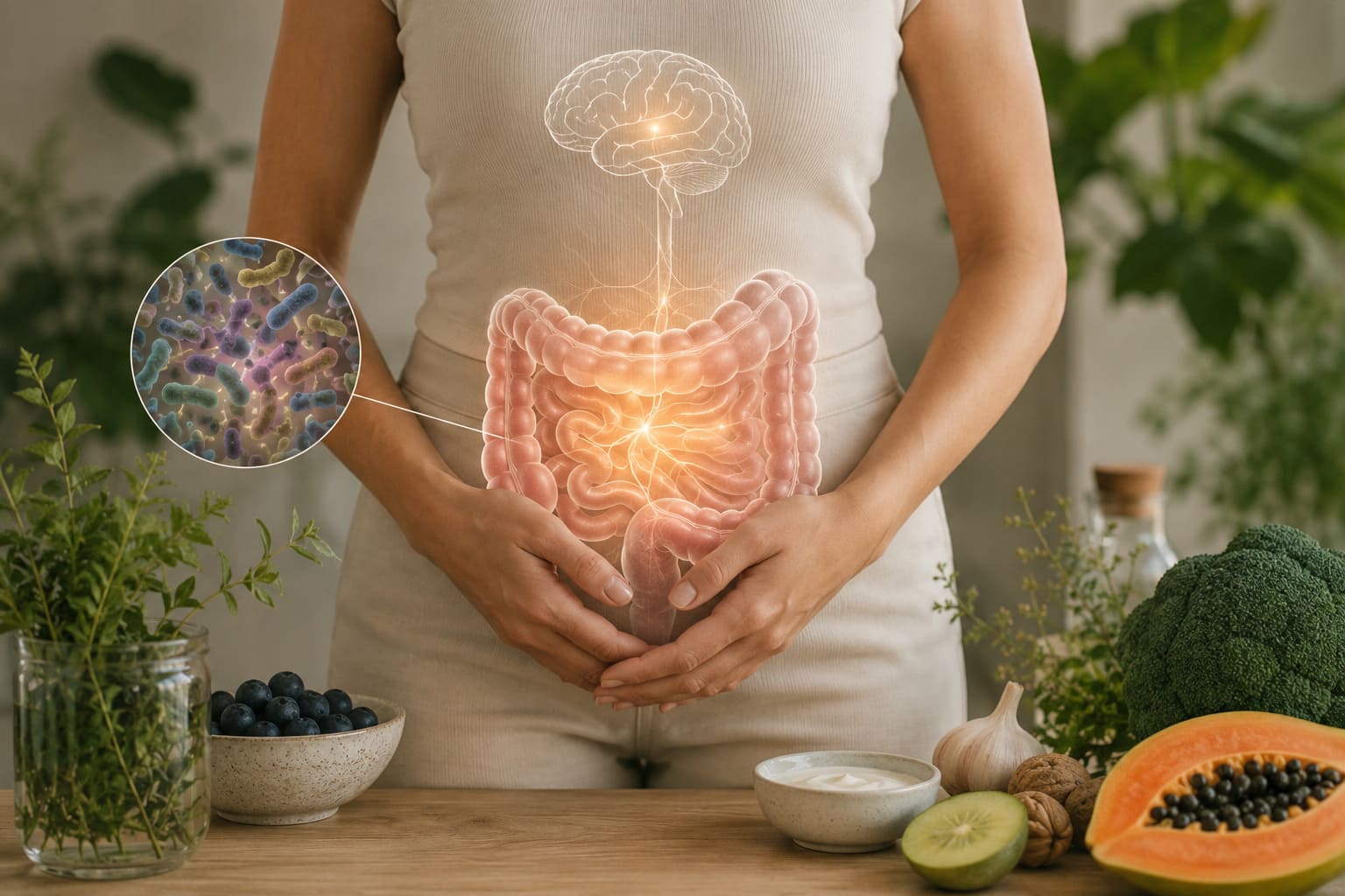 The gut-brain connection, illustrated alongside anti-inflammatory, gut-supportive whole foods